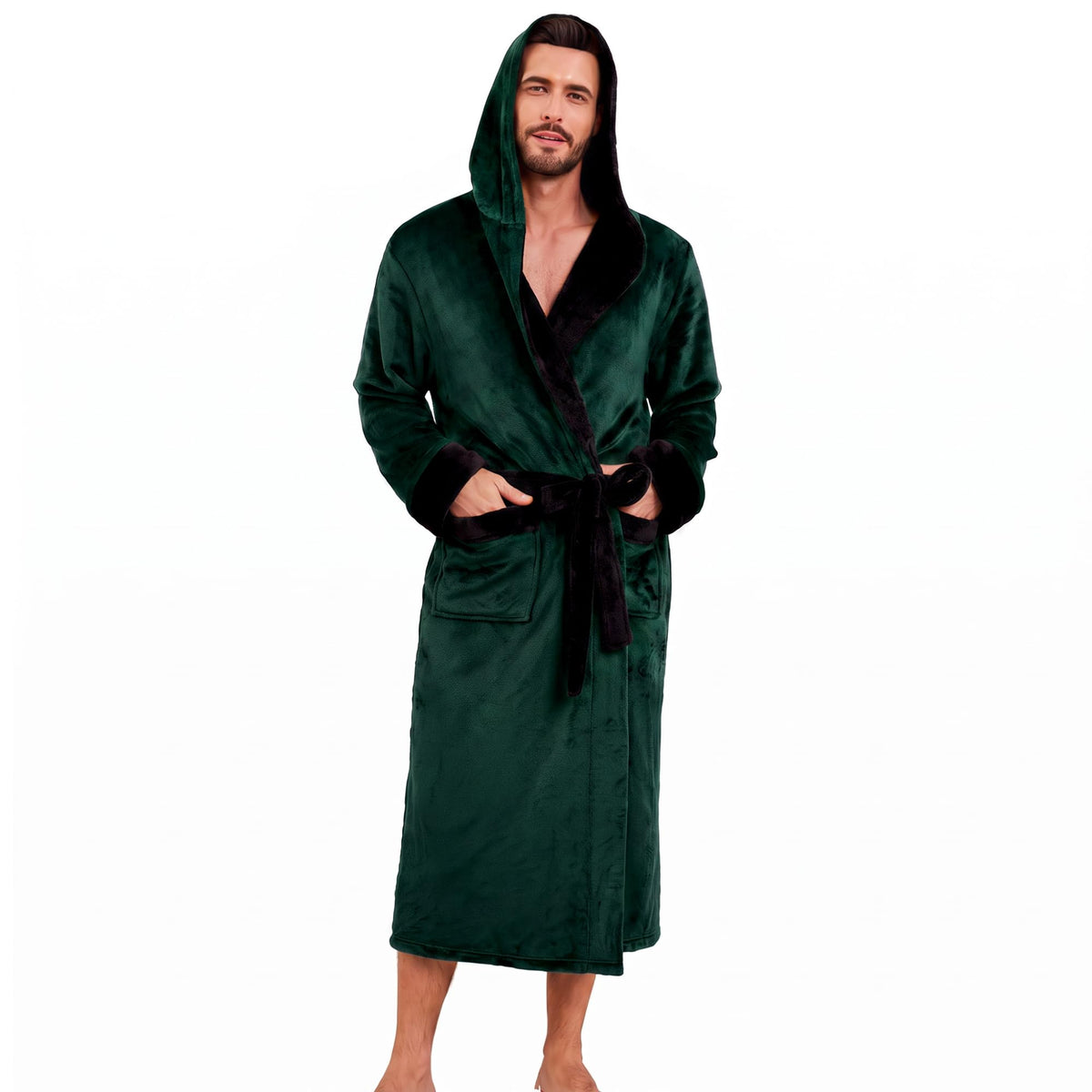 Men's Hooded Robe, Soft Warm Fleece Long Bathrobe with Pockets