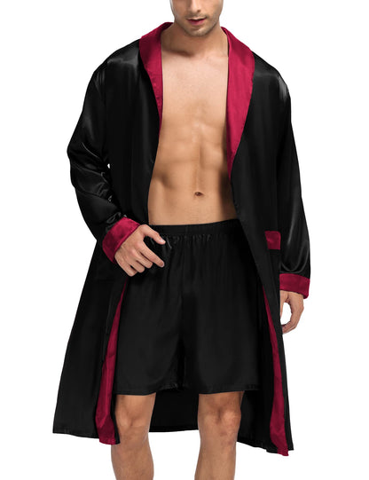 SWOMOG Men's Satin Robe with Shorts Set Silky Kimono Bathrobe Lightweight Soft Sleepwear