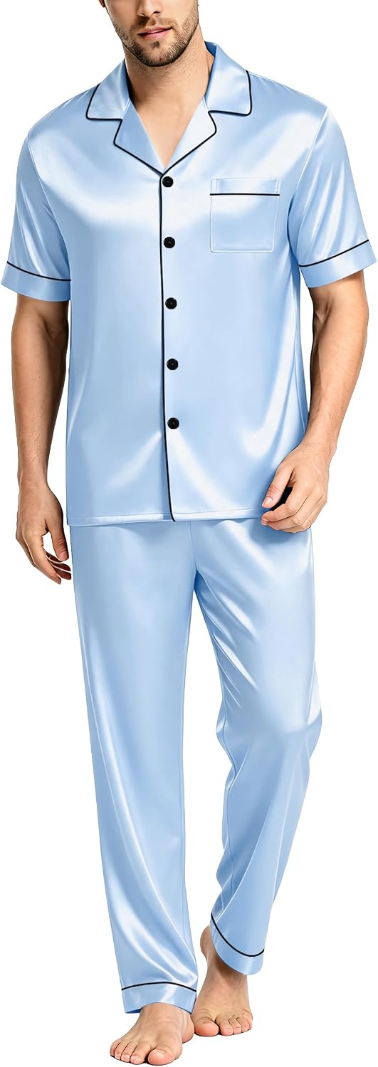 SWOMOG Mens Satin Pajama Set Short Sleeve Classic Sleepwear Button Down Silky Loungewear with Long Pants