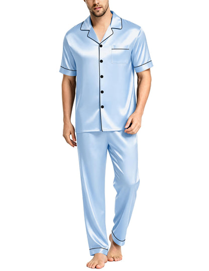 SWOMOG Mens Satin Pajama Set Short Sleeve Classic Sleepwear Button Down Silky Loungewear with Long Pants
