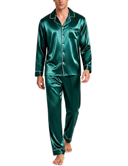 SWOMOG Mens Silk Satin Pajamas Set Long Sleeve Sleepwear Button-Down Pj Two-piece Loungewear with Long Pants S-XXL