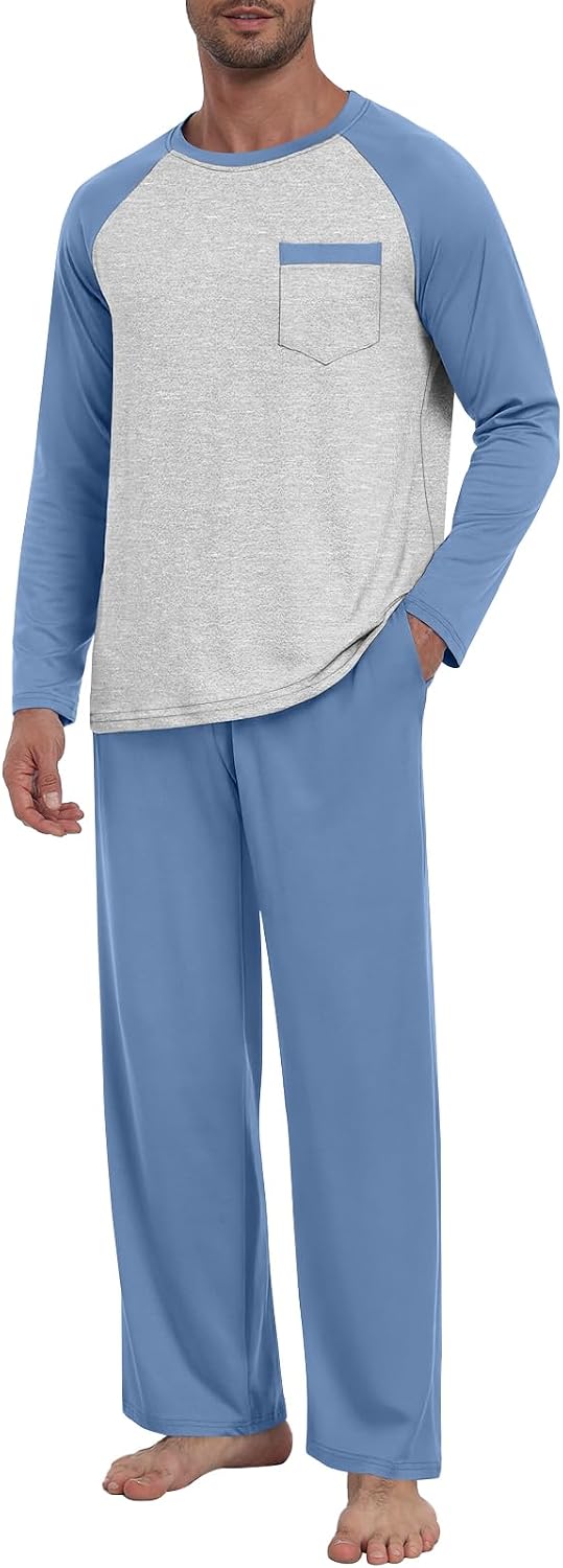 MLXSJ Mens Pajama Set Pjs Sleepwear Soft Comfy Sleep Set With Pocket S-3XL