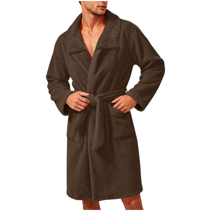 Robe for Men Fuzzy Fleece Collared Long Sleeve Thermal Bathrobe