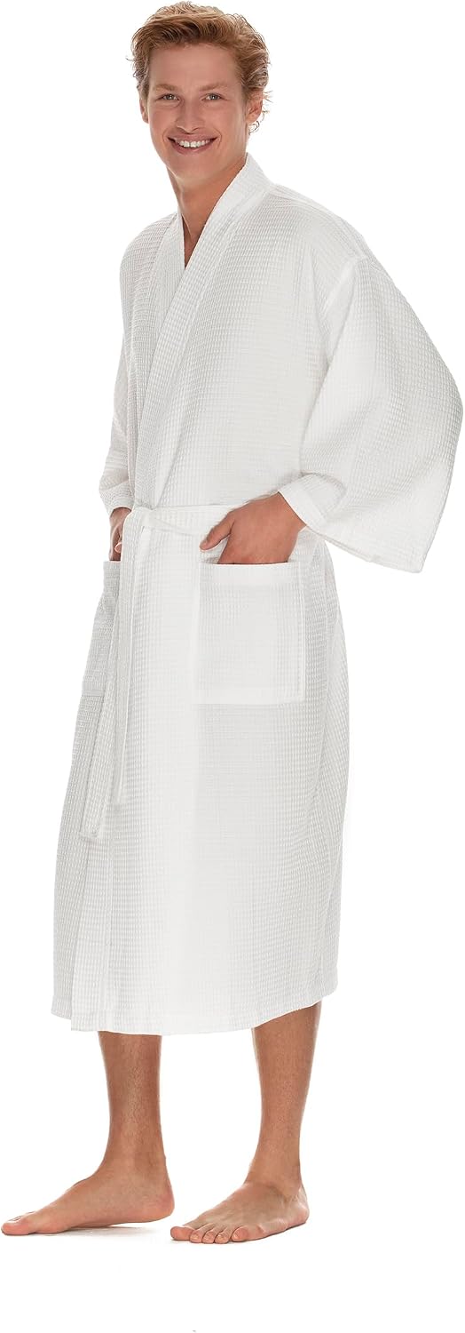 Men's Waffle Robe by BOCA TERRY, Waffle Knit Spa Robe, Long Lightweight Cotton Kimono Hotel Bathrobe