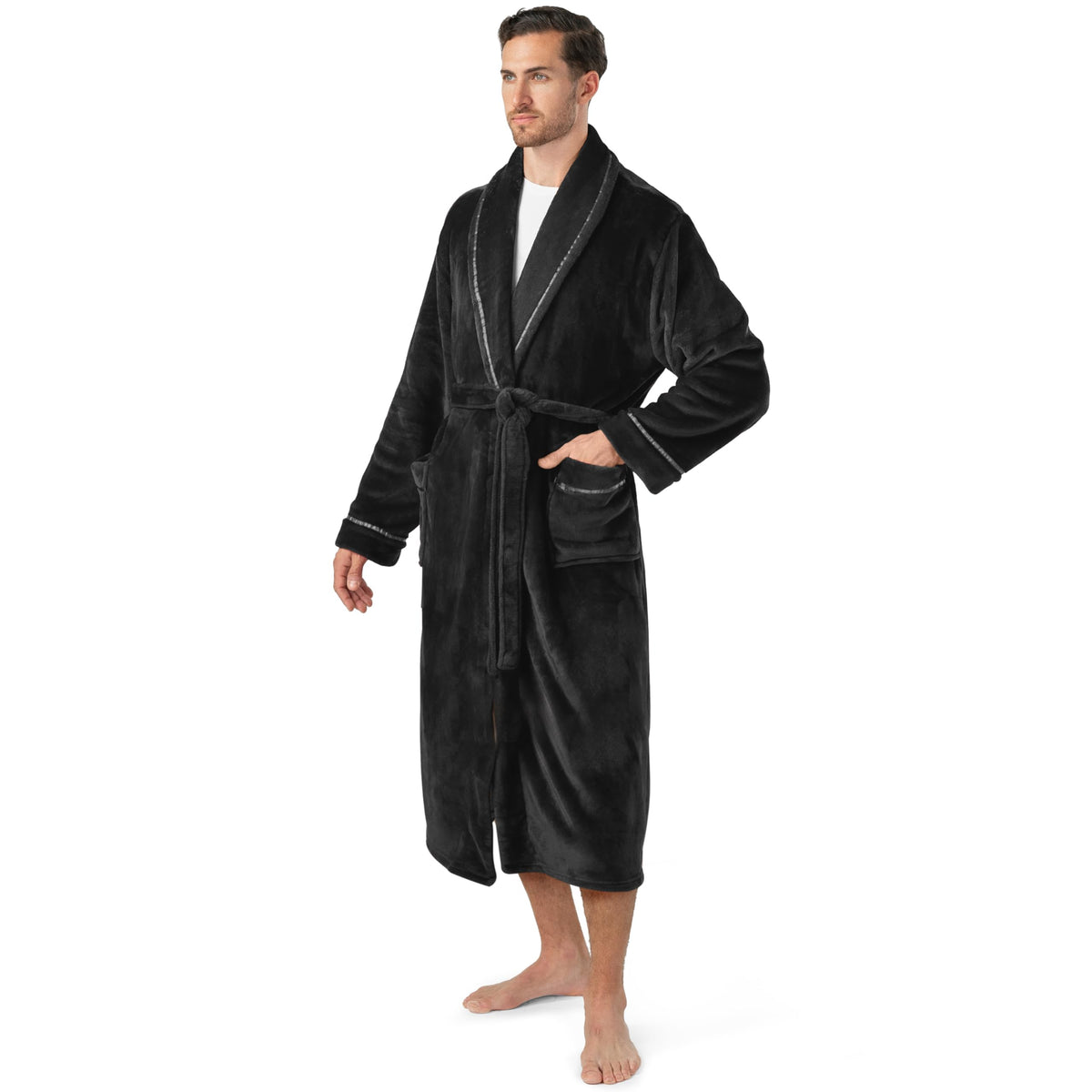 PAVILIA Mens Fleece Robe, Warm Bathrobe with Shawl Collar, Pockets & Belt