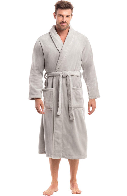 Men's Long Sleeve Lightweight Fleece Robe with Pockets, Bathrobe