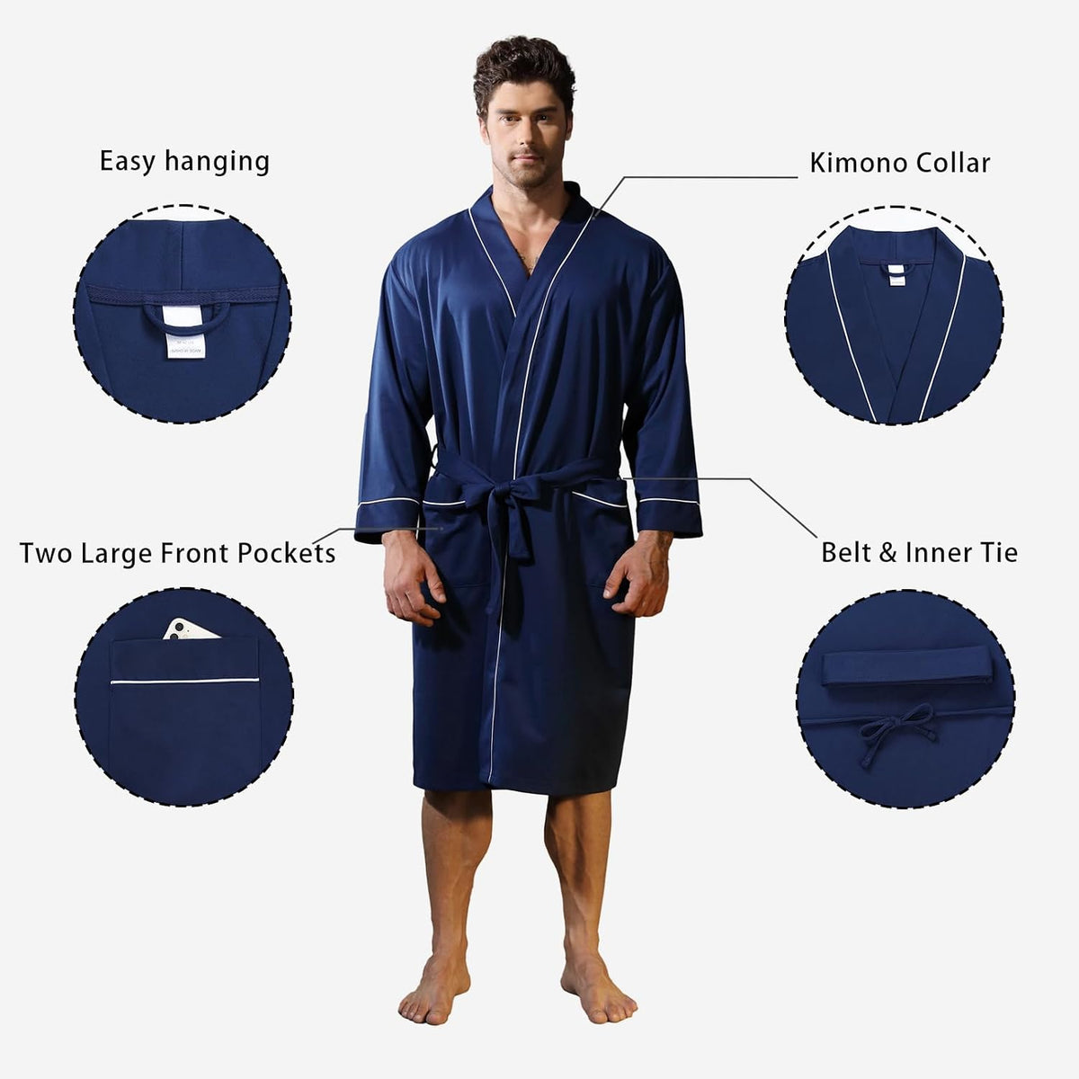 Mens Kimono Robe Lightweight Soft Bathrobe Sleepwear Loungewear with Pockets