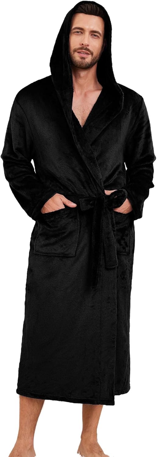 Men's Hooded Robe, Soft Warm Fleece Long Bathrobe with Pockets