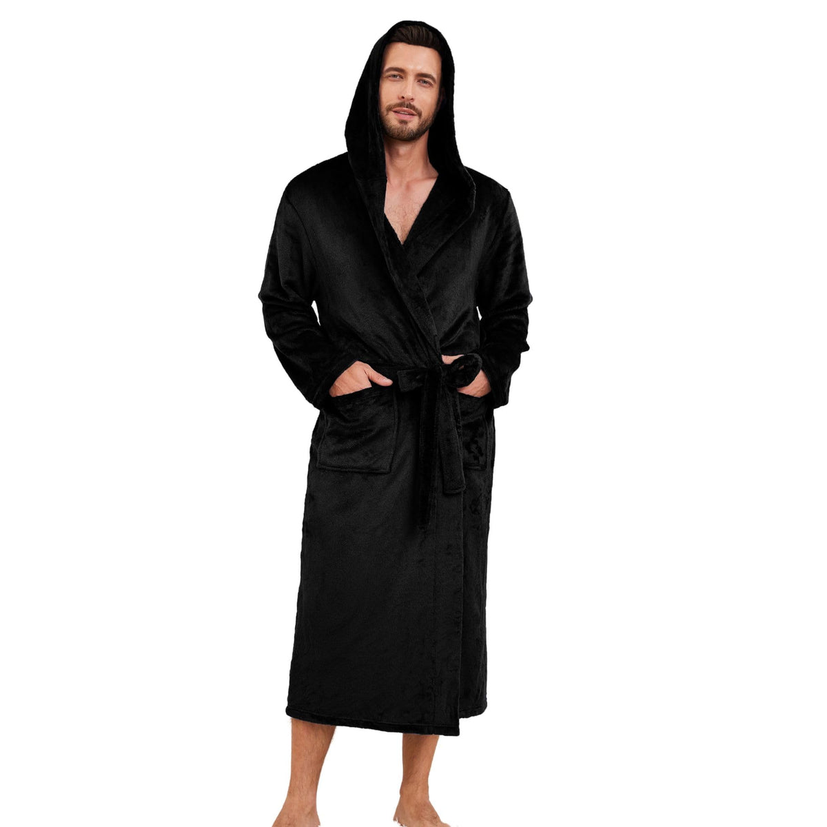 Men's Hooded Robe, Soft Warm Fleece Long Bathrobe with Pockets