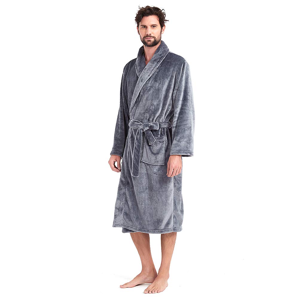 HOLOVE Mens Fleece Hooded Robe Plush Collar Shawl Bathrobe Soft Warm Long Sleeve