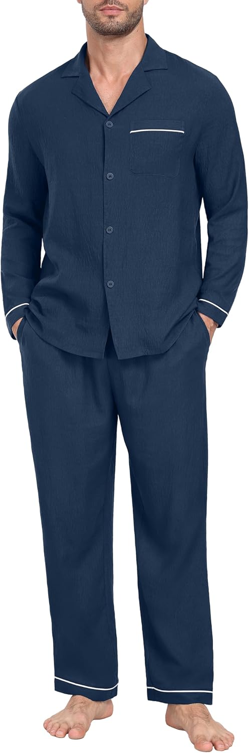 PrinStory Men's Pajamas Set Long Sleeve Button Down Sleepwear Pjs S-2XL