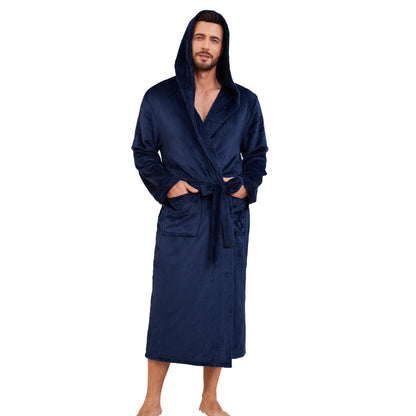 Men's Hooded Robe, Soft Warm Fleece Long Bathrobe with Pockets