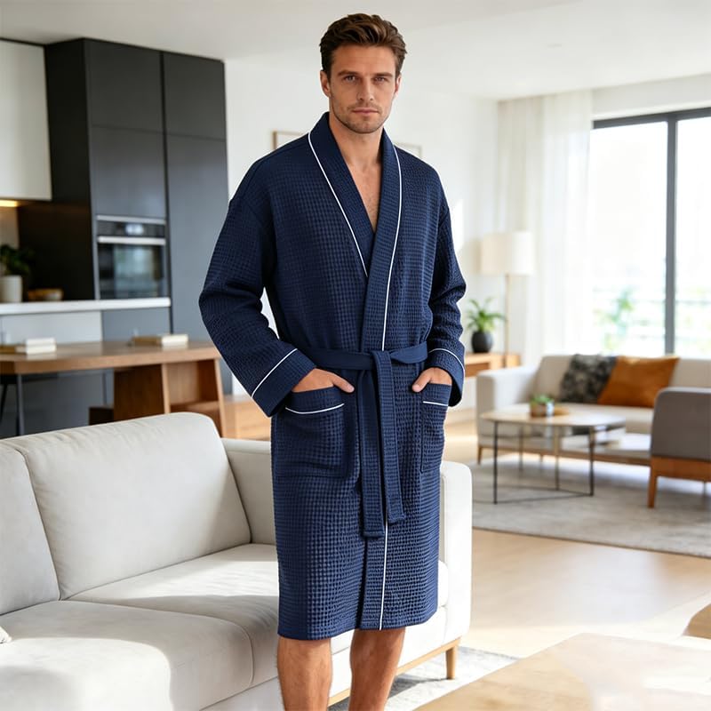 Inner Wish men's Cotton Waffle Kimono Robe, Lightweight Soft Spa Shower Bathrobe, Hotel Lounge Robes for Men