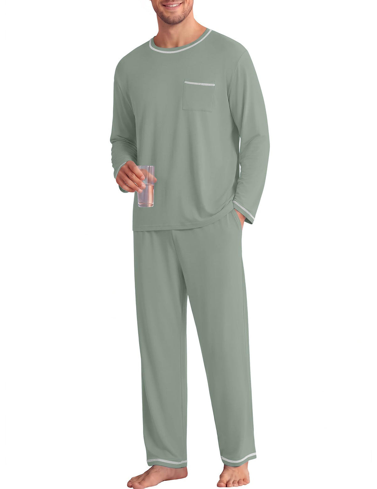 Ekouaer Mens Long Sleeve T-Shirt Pajama Set Soft 2 Piece Lounge Set