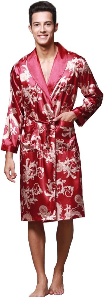 ZUEVI Men's Kimono Robe Silk Satin Long Sleeve Spa Bathrobe Lightweight Soft Silky Pajamas Robes