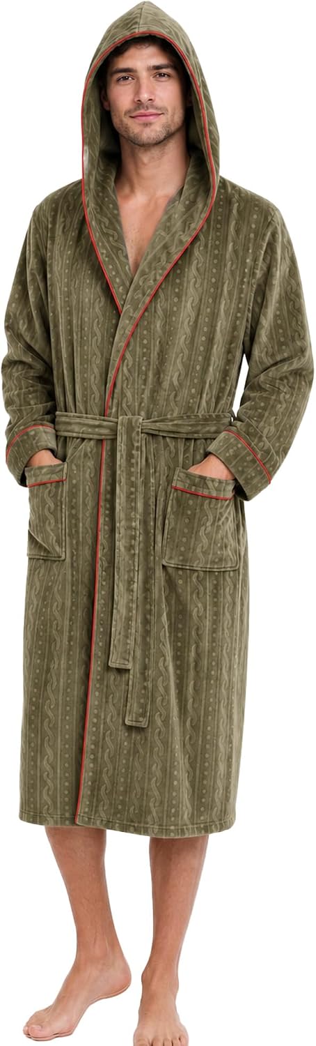 Mens Hooded Fleece Robe Plush Stretch Bathrobe