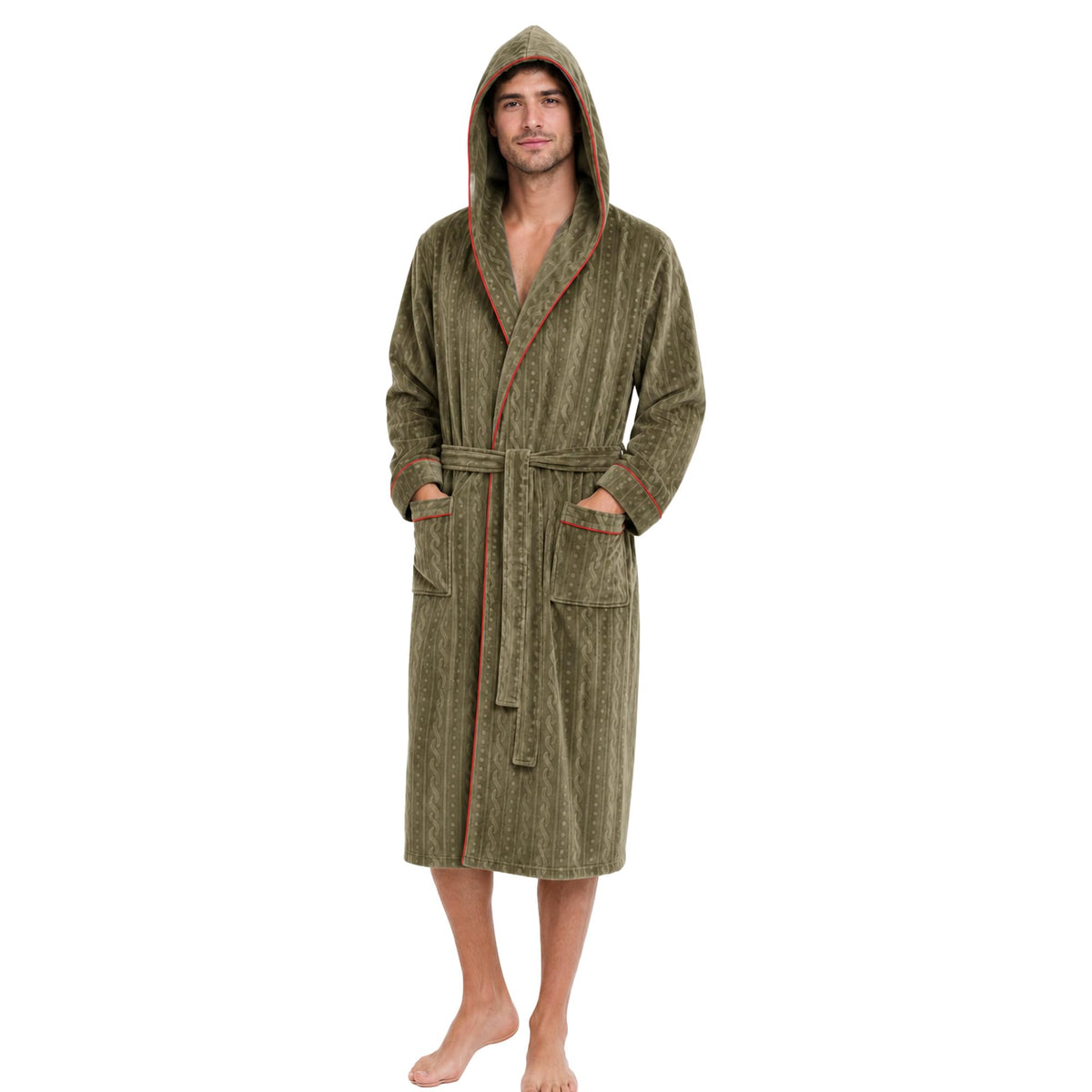 Mens Hooded Fleece Robe Plush Stretch Bathrobe