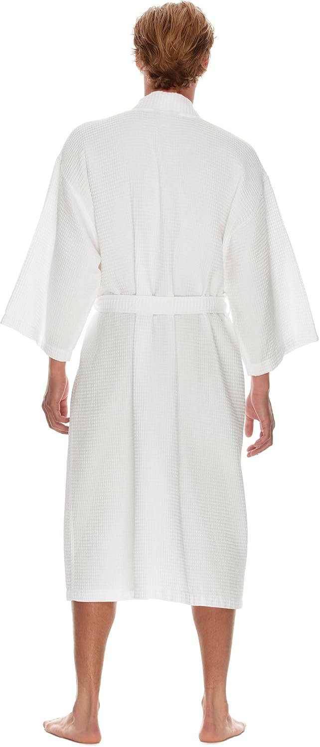 Men's Waffle Robe by BOCA TERRY, Waffle Knit Spa Robe, Long Lightweight Cotton Kimono Hotel Bathrobe