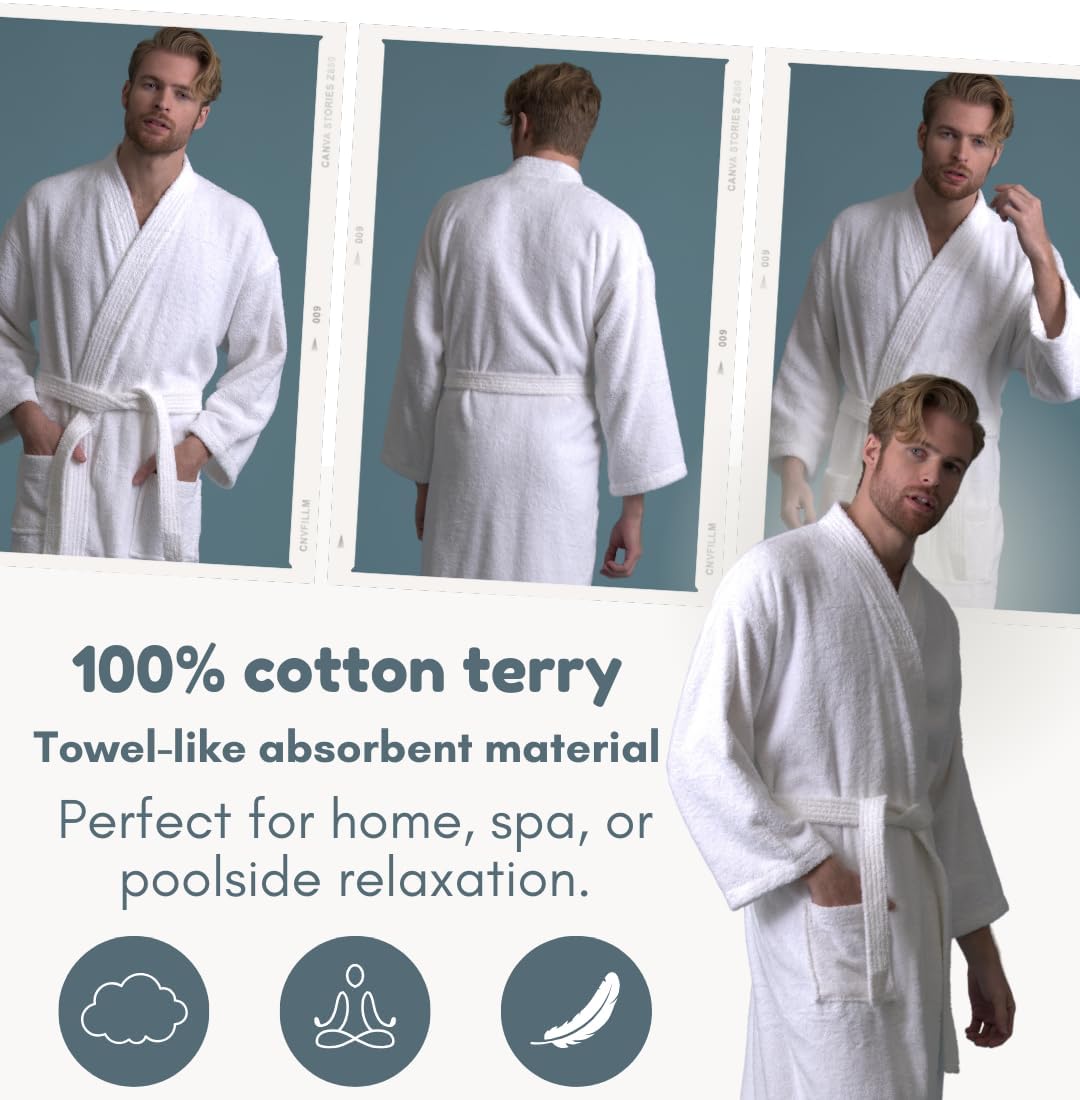 Men's Kimono Bathrobe, 100% Turkish Cotton Terry, Absorbent