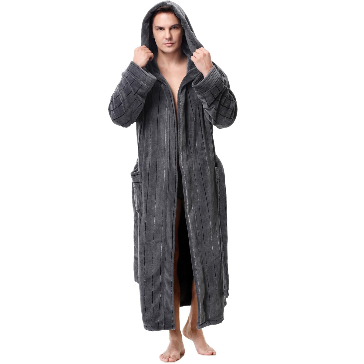 KEMUSI Hooded Herringbone Men's Soft Spa Full Lenght Bathrobe,Comfy Full Length Warm Nightdress