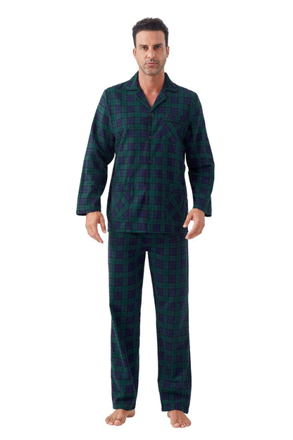 GLOBAL Men's Pajamas Sets 100% Cotton Flannel Sleepwear Long-Sleeve top & Bottom