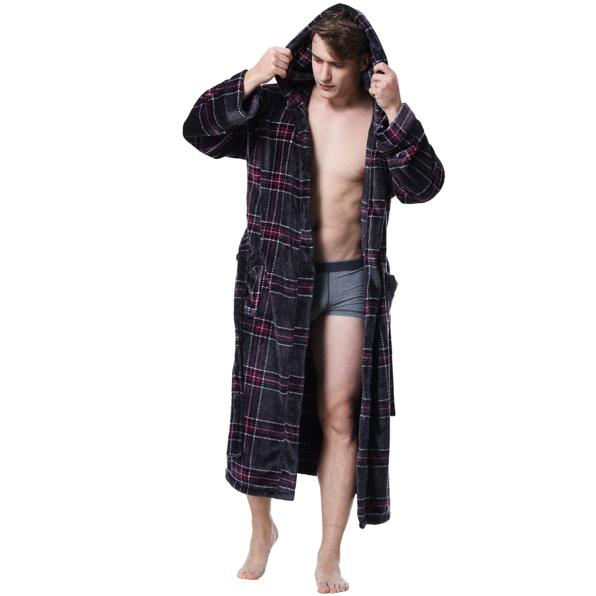 KEMUSI Hooded Herringbone Men's Soft Spa Full Lenght Bathrobe,Comfy Full Length Warm Nightdress