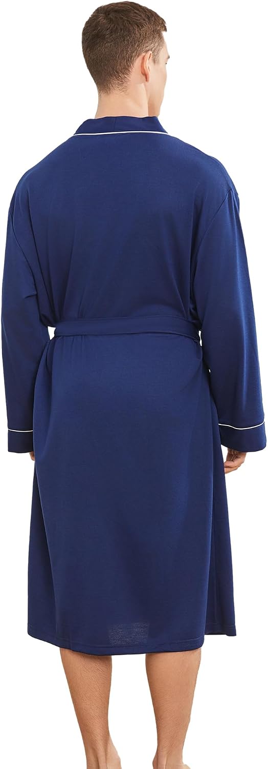 Mens Lightweight Robe, Knit Kimono Bathrobe Spa Sleepwear Soft Knee Length Robe With Pockets