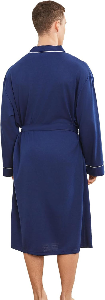 Mens Lightweight Robe, Knit Kimono Bathrobe Spa Sleepwear Soft Knee Length Robe With Pockets