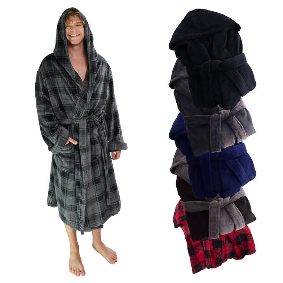 Ross Michaels Mens Robe Hooded Wrap Style - Mid Length Plush Fleece Bathrobe
