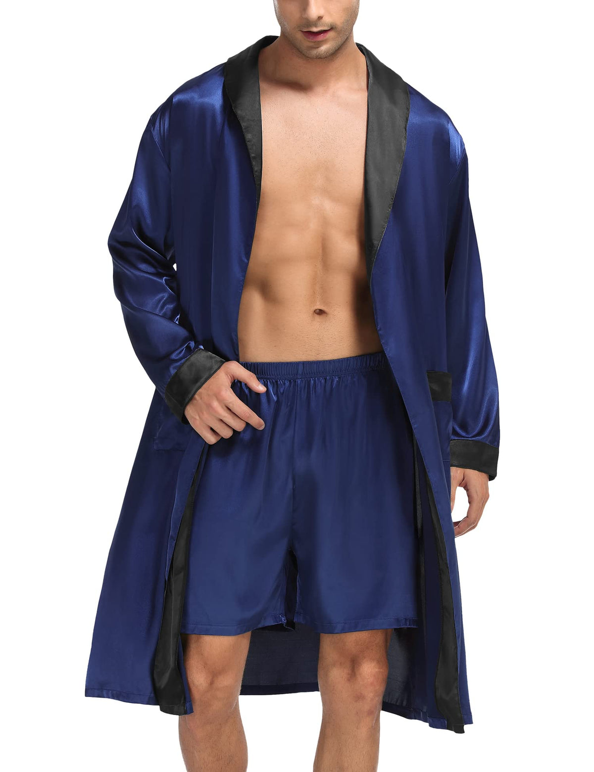 SWOMOG Men's Satin Robe with Shorts Set Silky Kimono Bathrobe Lightweight Soft Sleepwear