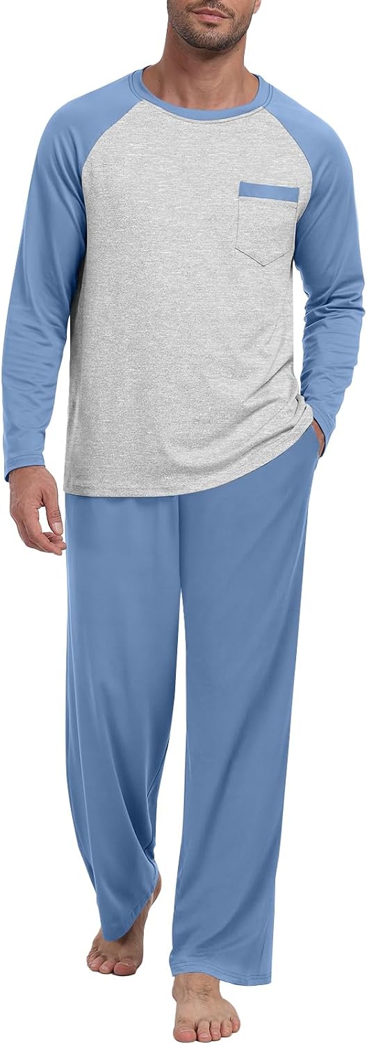 MLXSJ Mens Pajama Set Pjs Sleepwear Soft Comfy Sleep Set With Pocket S-3XL