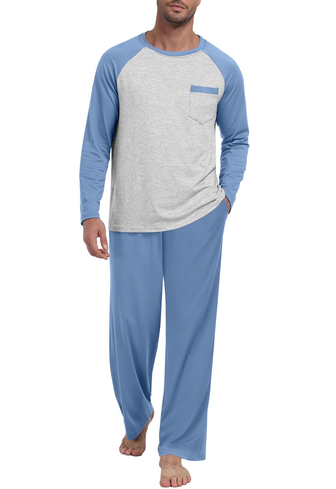 MLXSJ Mens Pajama Set Pjs Sleepwear Soft Comfy Sleep Set With Pocket S-3XL