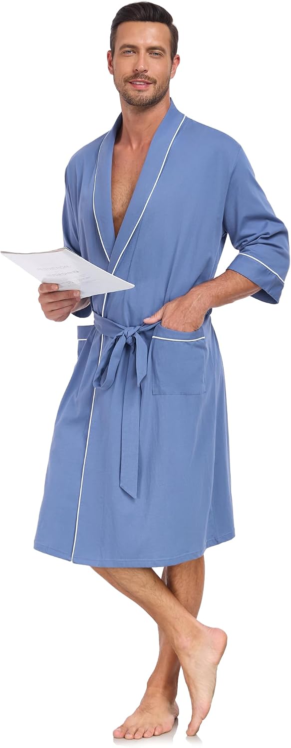 EA'S SECRET 100% Cotton Men's Lightweight Robe Summer Short Sleeve Bathrobe Soft Knee Length Robe with Pockets
