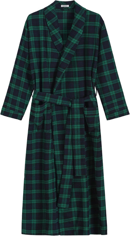 Latuza Men's Cotton Flannel Long Robe Full Length Plaid Bathrobe