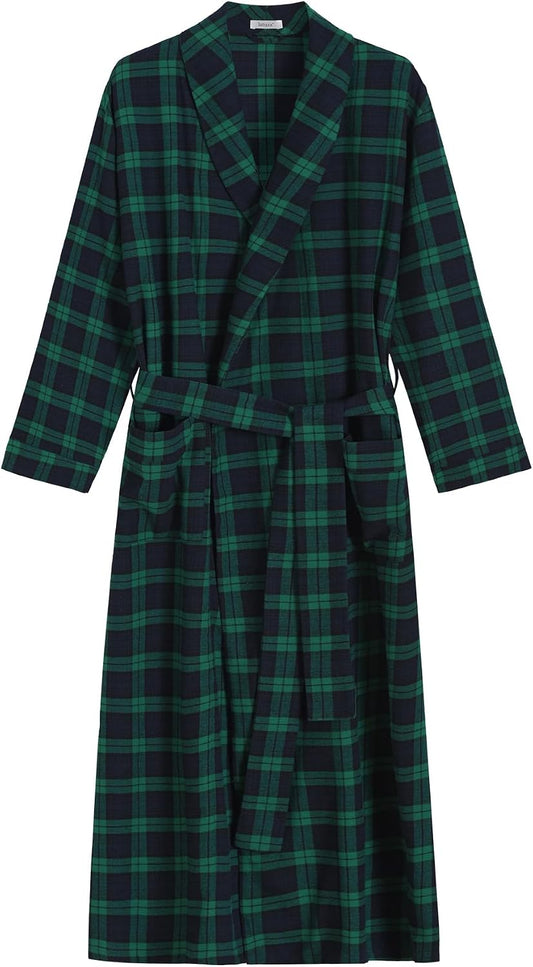 Latuza Men's Cotton Flannel Long Robe Full Length Plaid Bathrobe