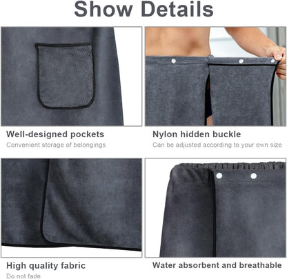 AOMIG Men's Towel Wrap with Pockets 80x150cm Large Grey Plush Soft Quick Dry Body Bath Towels Adjustable Towel Bathrobe