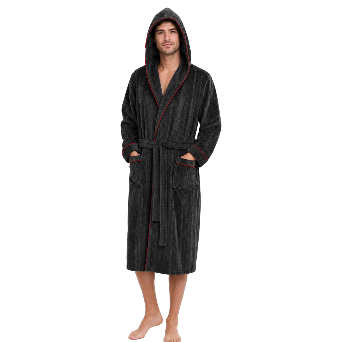 Mens Hooded Fleece Robe Plush Stretch Bathrobe