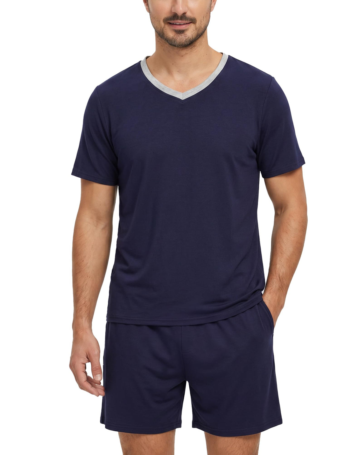 MyFav Mens Pajama Set Soft V Neck PjsShort Sleeves Shirts and Shorts Loungewear Solid Color Sleep Sets