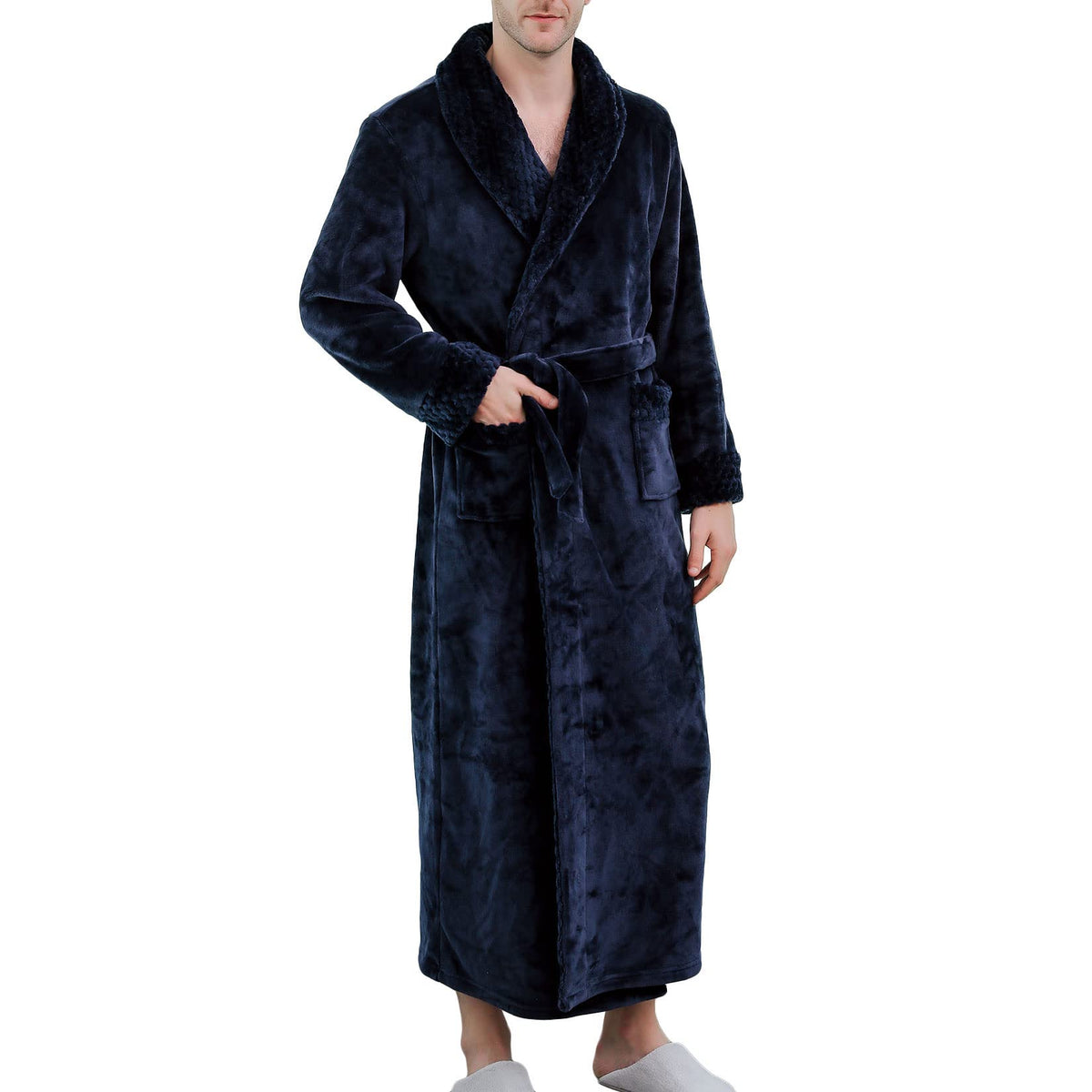 Lu's Chic Men's Long Sleeve Robe House Bathrobe Full Length Fluffy Pocket Winter Bath Hot Tub