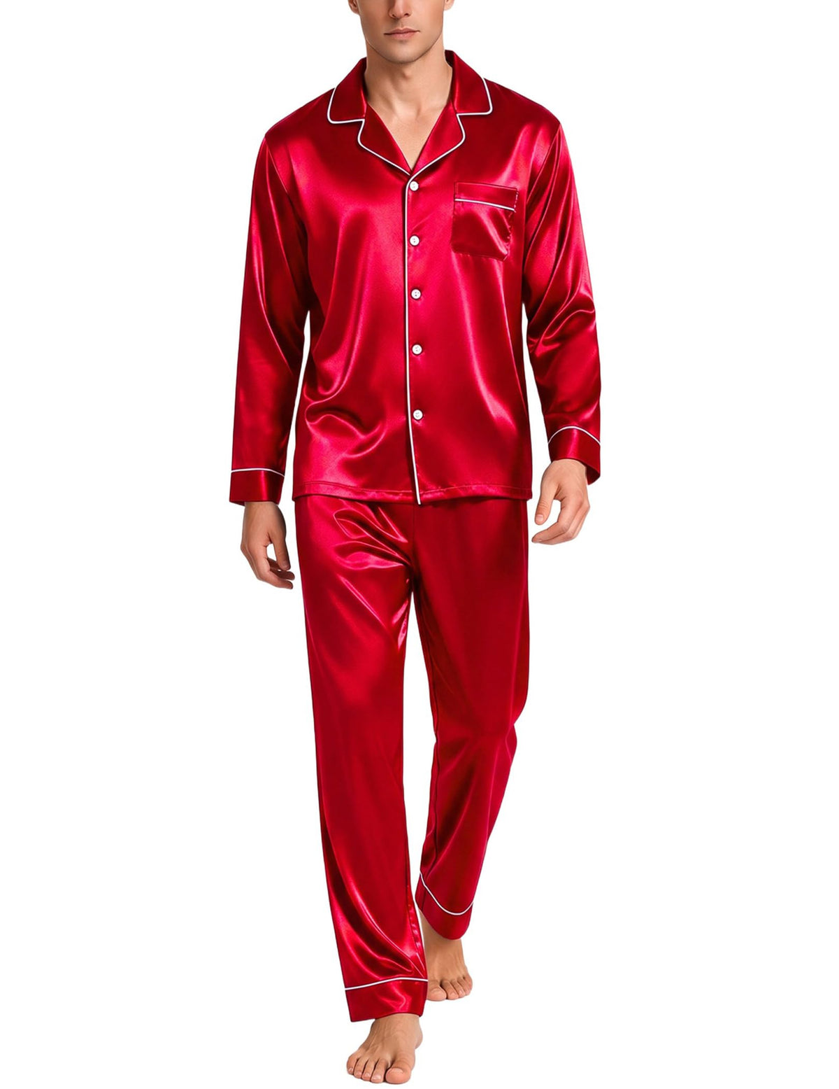 SWOMOG Mens Silk Satin Pajamas Set Long Sleeve Sleepwear Button-Down Pj Two-piece Loungewear with Long Pants S-XXL