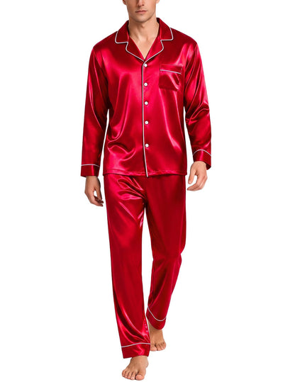 SWOMOG Mens Silk Satin Pajamas Set Long Sleeve Sleepwear Button-Down Pj Two-piece Loungewear with Long Pants S-XXL