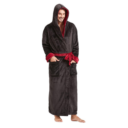 FashGudim Mens Robes Big and Tall with Hood Two-Tone Flannel Fleece Contrast Bathrobe Full Length Plush Long Robe House Coat