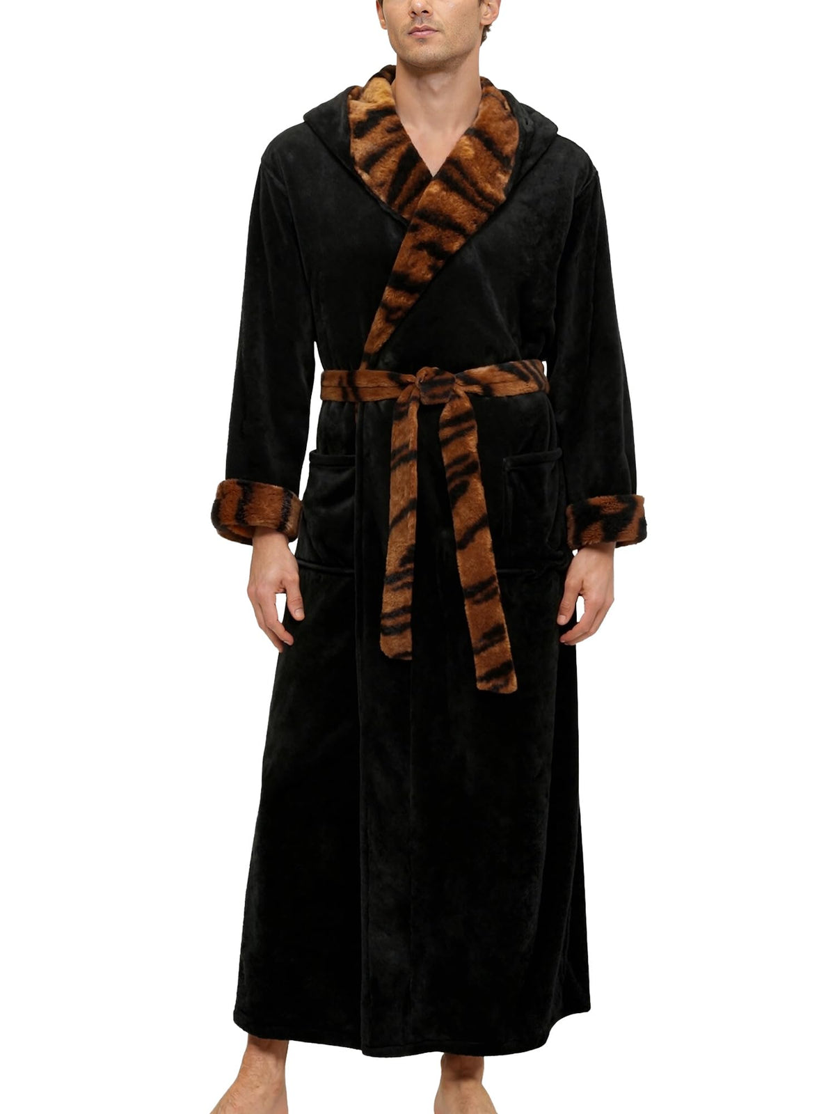 Men's Plush Fleece Hooded Robe with Pockets, Long Bathrobe