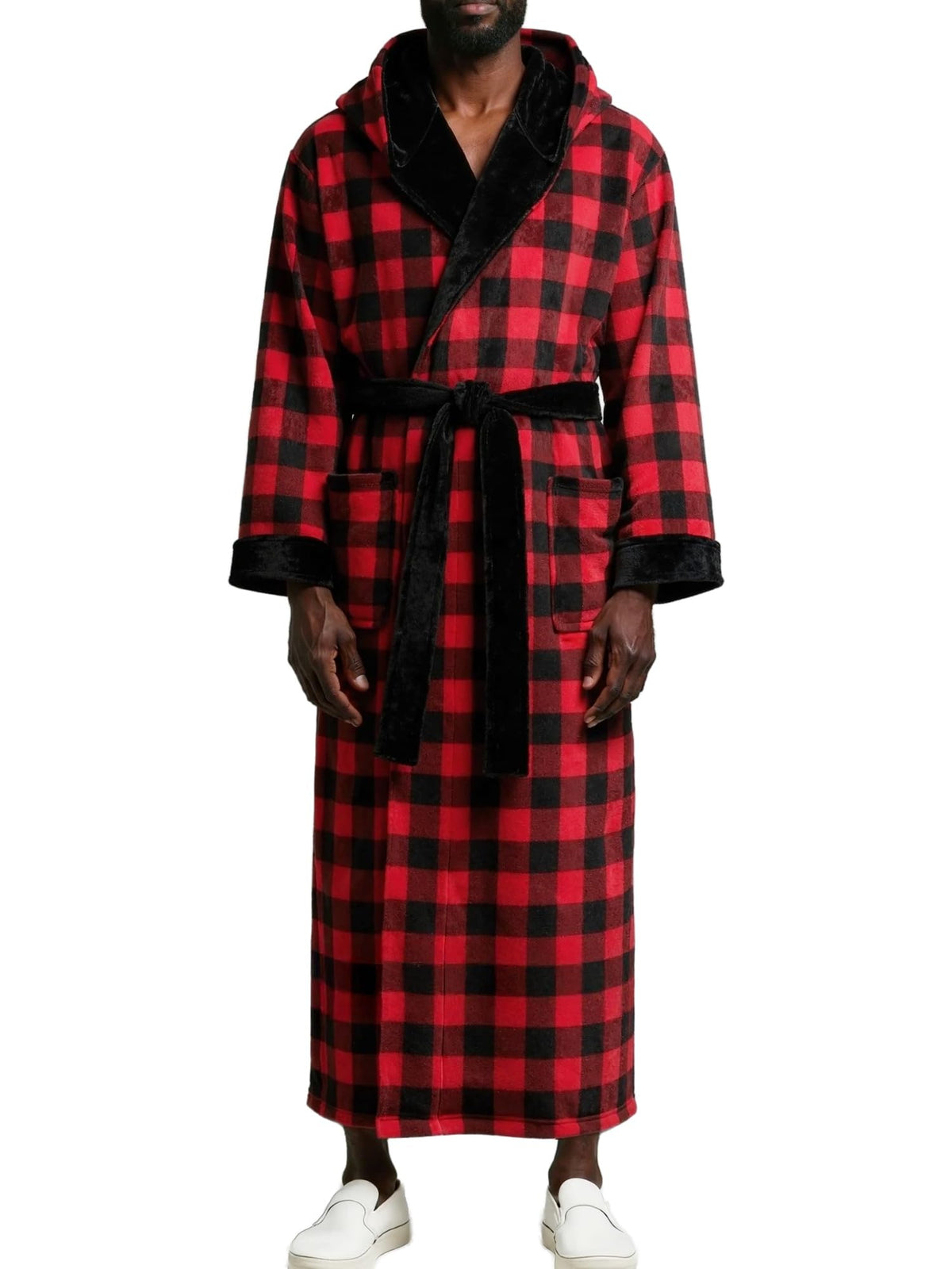 Men's Plush Fleece Hooded Robe with Pockets, Long Bathrobe