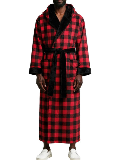 Men's Plush Fleece Hooded Robe with Pockets, Long Bathrobe