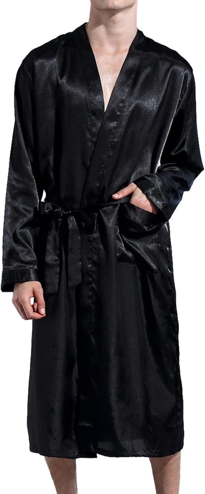 Previn Men's Satin Kimono Robe Long Spa Bathrobes Luxurious Silk Long Sleeve Loungewear