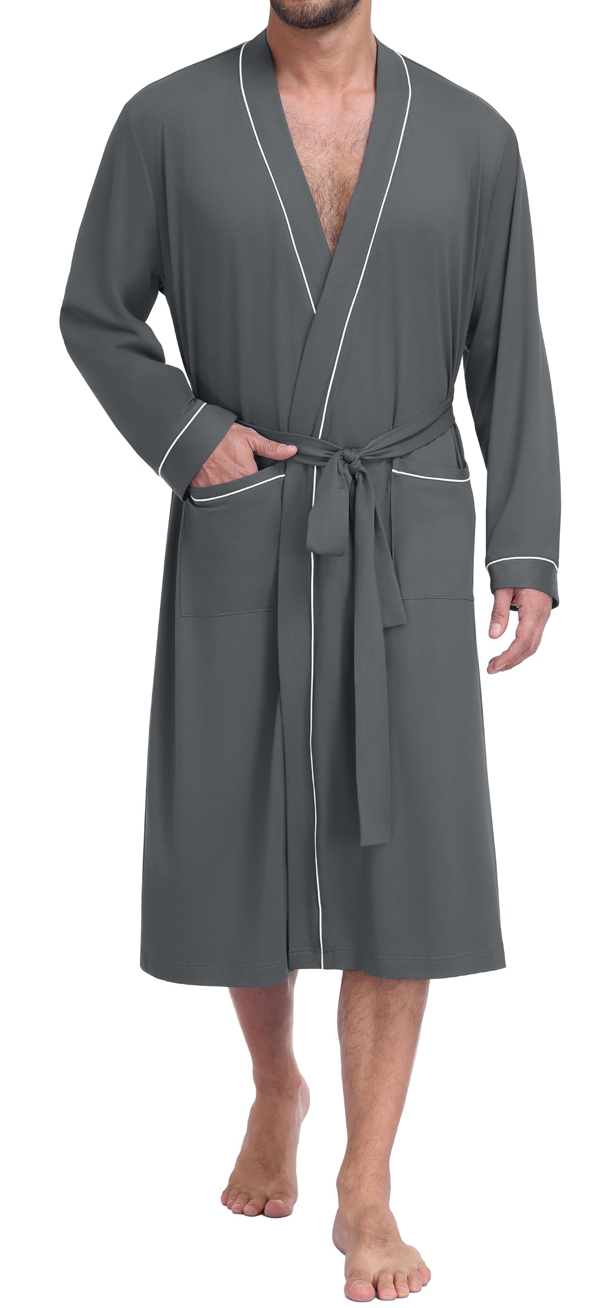 PrinStory Mens Lightweight Robe Soft Knit Kimono Long Bathrobe Loungewear