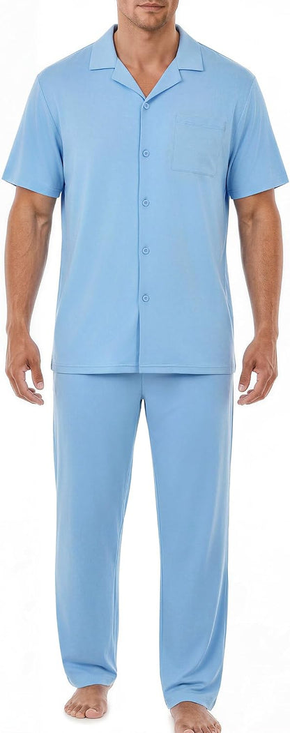 EKouear Mens Pajamas Set Button Down Short Sleeve Shirt Pjs with Long Pants