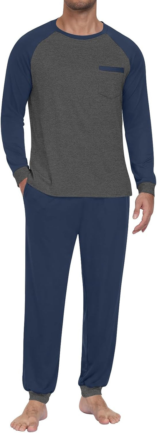 Mens Pajama Sets Long Sleeve Loungewear Pjs with Pockets