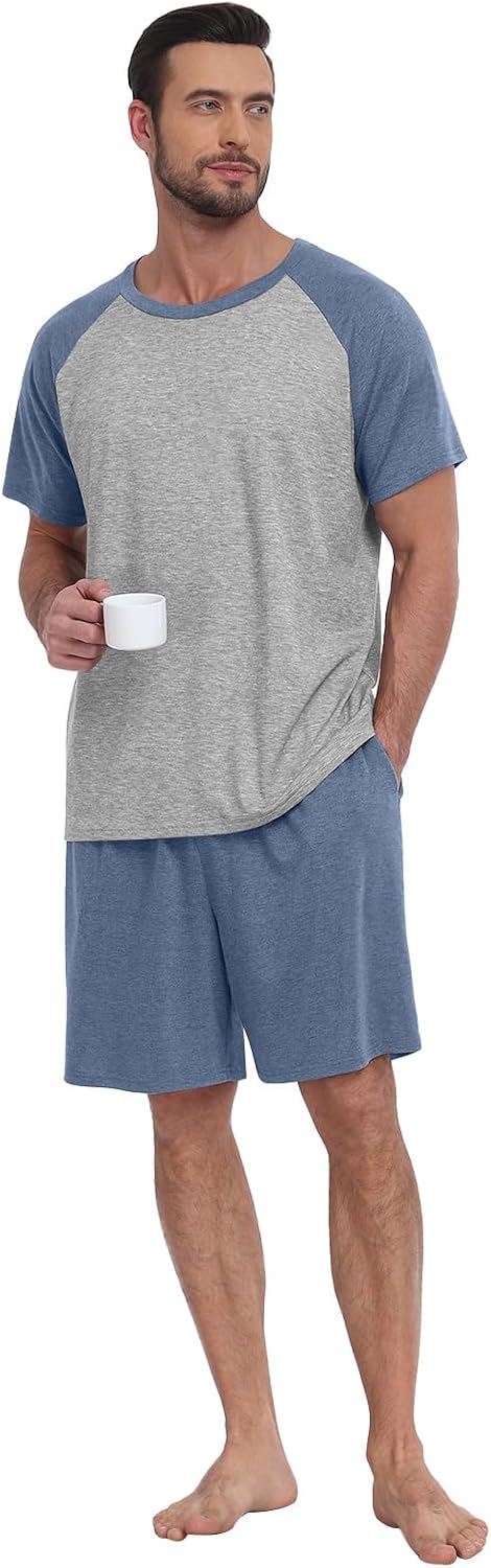 MLXSJ Mens Pajama Set Summer Pjs Sleepwear Soft Sleep Set With Pocket S-3XL